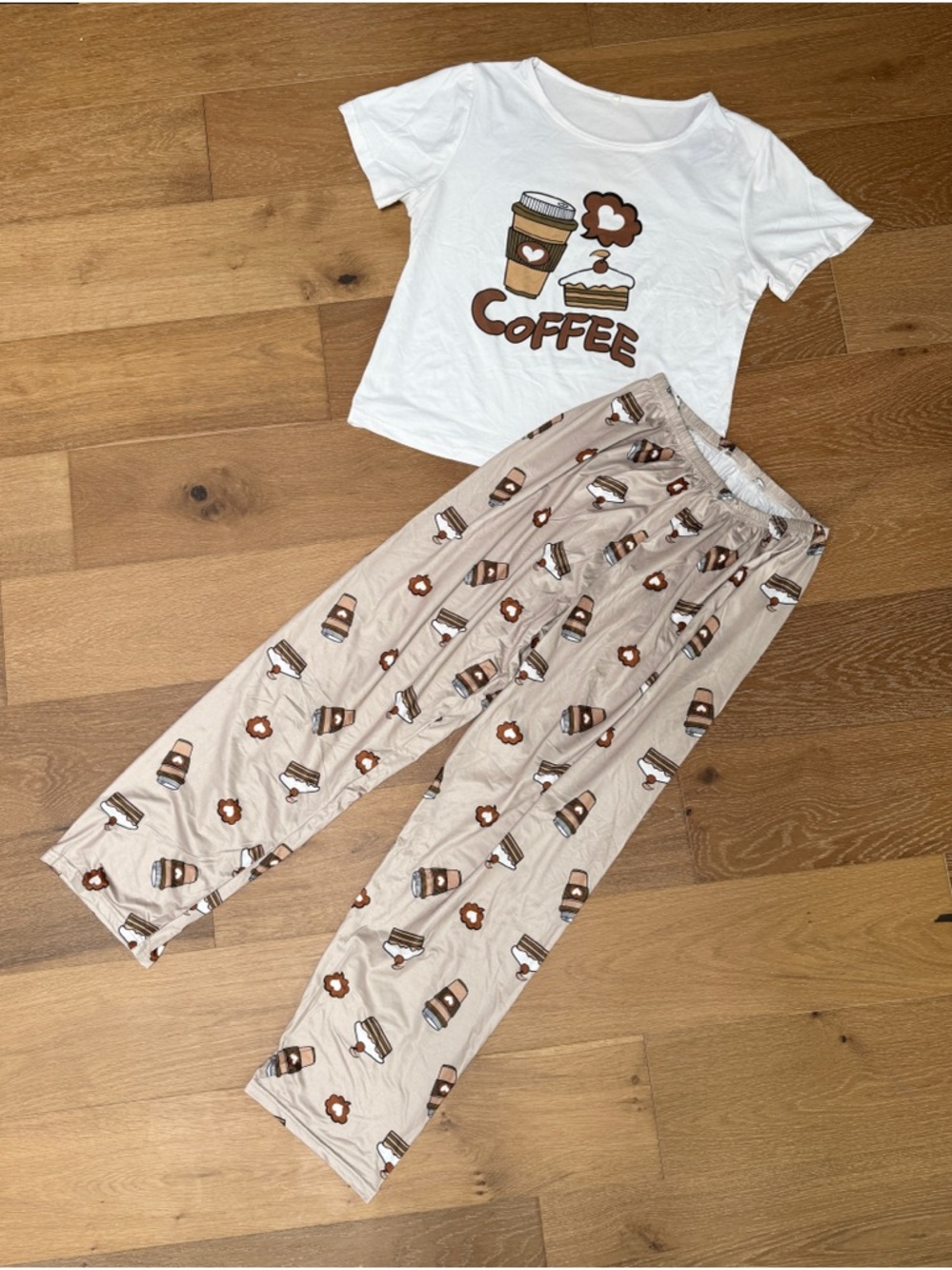 Cozy Novelty Coffee Cake Print Women's Pajama Set Top Bottoms Pants L - Picture 2 of 5